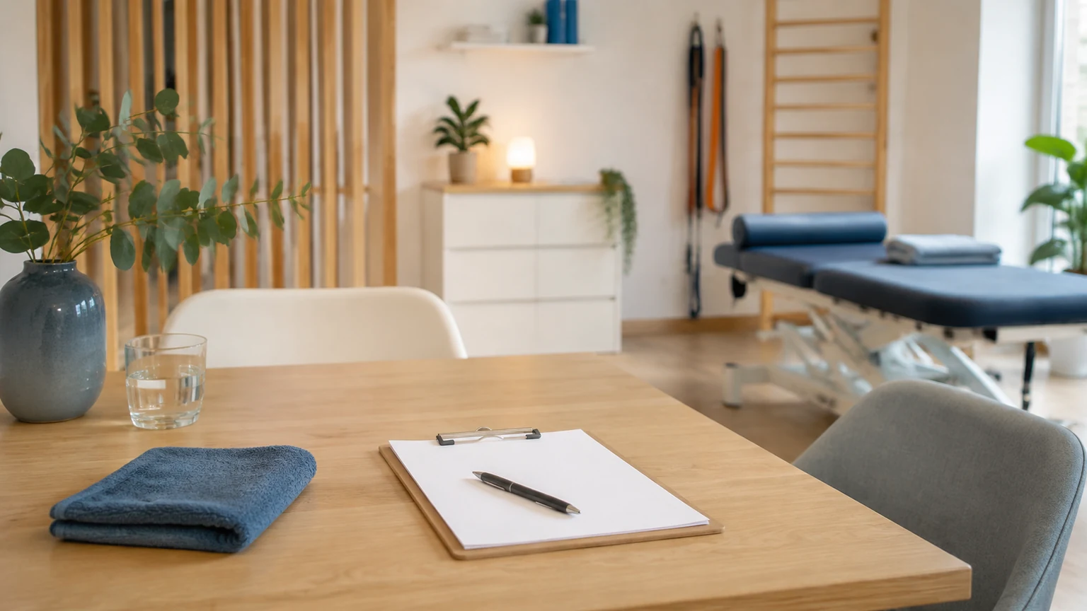 Heller Beratungsplatz in einer Physiotherapiepraxis mit Klemmbrett und Blick in den Behandlungsraum