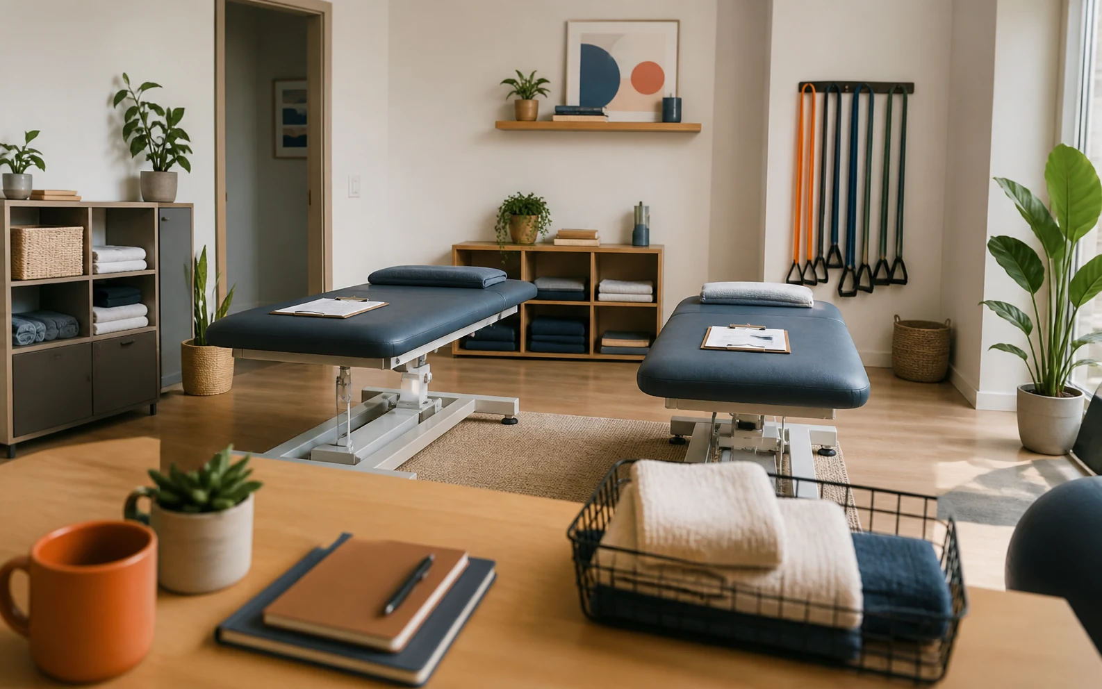 Vorbereiteter Therapiebereich mit zwei Behandlungsliegen und Trainingsmaterial