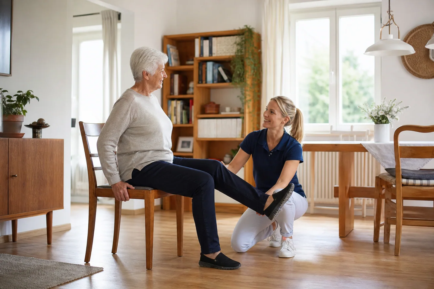 Physiotherapeutin begleitet eine ältere Patientin bei einer Übung zu Hause