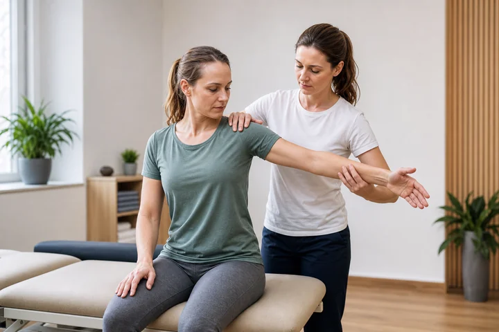Physiotherapeutin begleitet eine Patientin bei einer geführten PNF-Bewegung im hellen Therapieraum